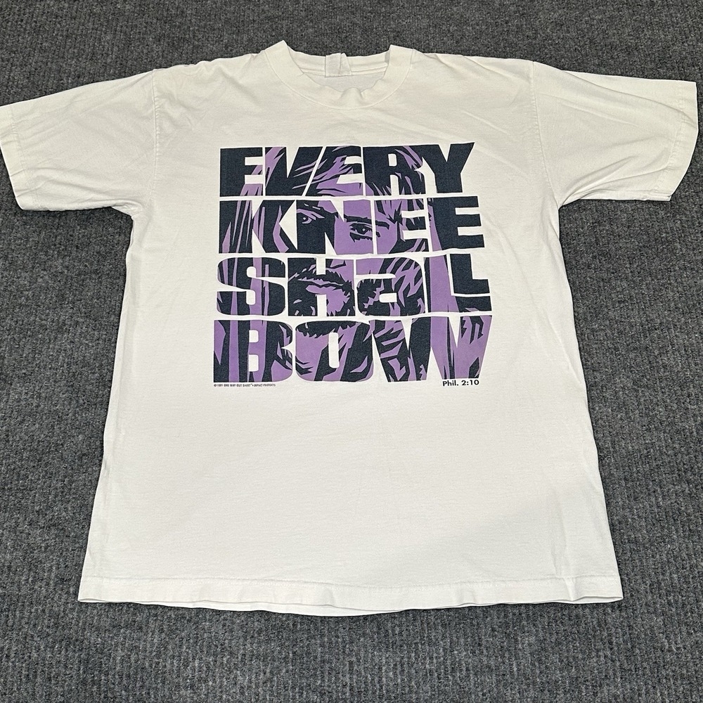 VINTAGE 91' EVERY KNEE‎ SHALL BOW JESEUS PHIL. 2:10 WHITE T-SHIRT SZ LARGE